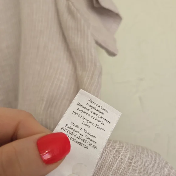 EVERLANE Linen Tan White Striped Button Up Short Sleeve Top, L - Picture 10 of 11